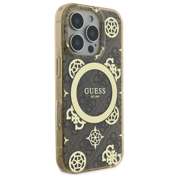 Husa MagSafe za Apple iPhone 16 Pro, Guess, IML Peony On 4G Background, Braon