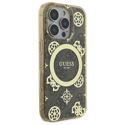 Husa MagSafe za Apple iPhone 16 Pro, Guess, IML Peony On 4G Background, Braon