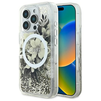 Futrola MagSafe za Apple iPhone 16 Pro, Guess, Liquid Glitter Flower, Bež