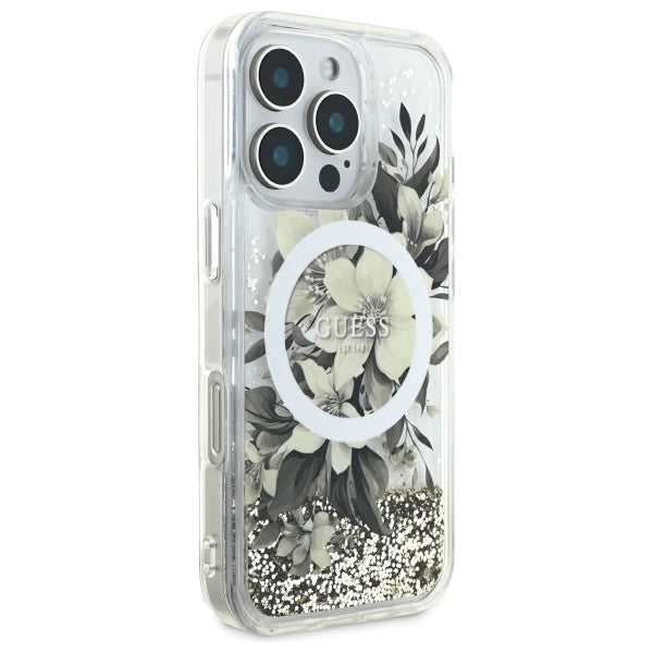 Futrola MagSafe za Apple iPhone 16 Pro, Guess, Liquid Glitter Flower, Bež