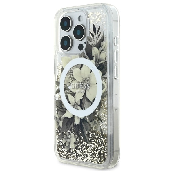 Futrola MagSafe za Apple iPhone 16 Pro, Guess, Liquid Glitter Flower, Bež