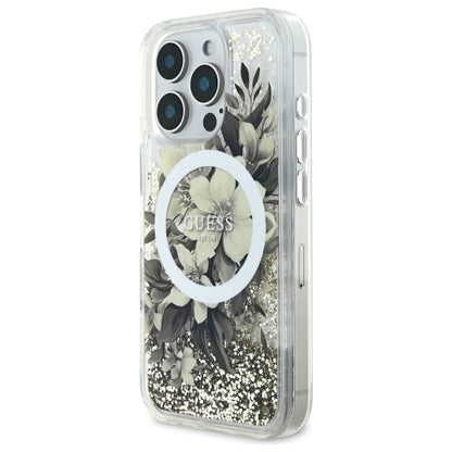 Futrola MagSafe za Apple iPhone 16 Pro, Guess, Liquid Glitter Flower, Bež