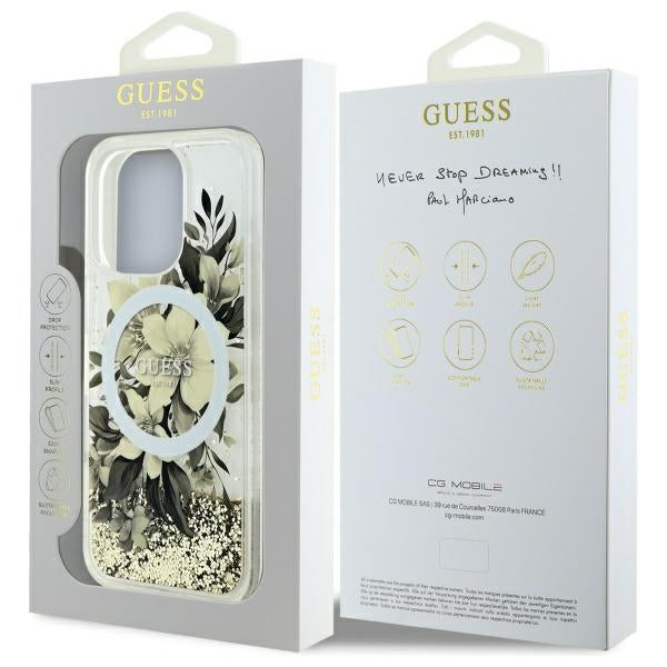 Futrola MagSafe za Apple iPhone 16 Pro, Guess, Liquid Glitter Flower, Bež
