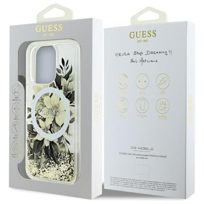 Futrola MagSafe za Apple iPhone 16 Pro, Guess, Liquid Glitter Flower, Bež