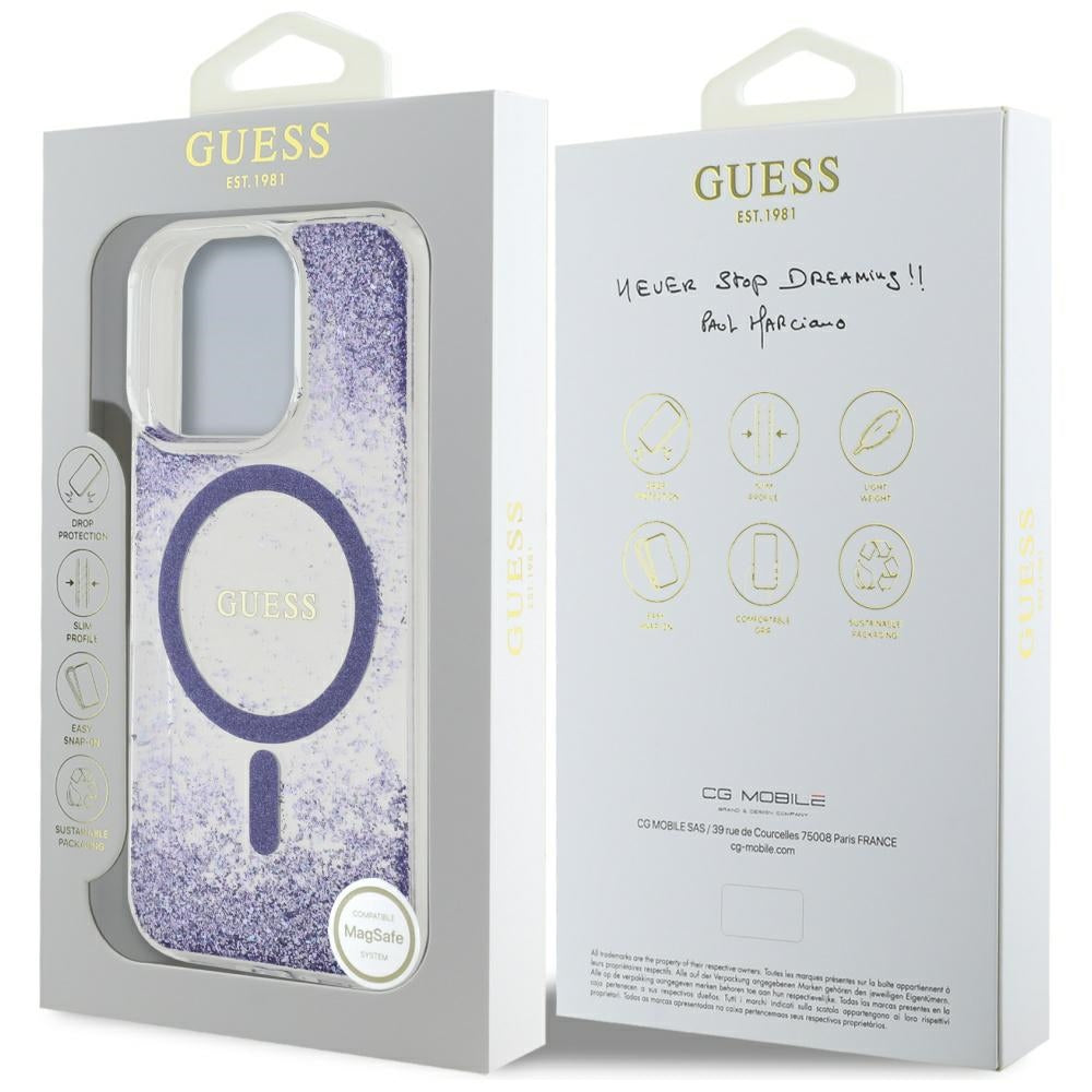 Husa MagSafe za Apple iPhone 16 Pro, Guess, Resin Bottom Glitter, Ljubičasta