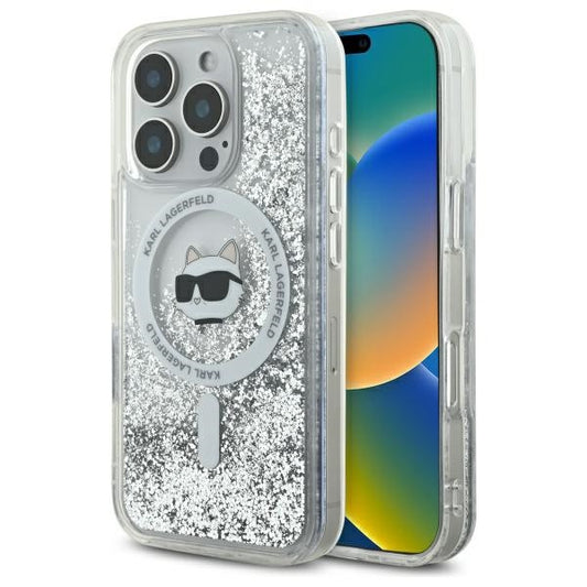 Husa MagSafe za Apple iPhone 16 Pro, Karl Lagerfeld, Liquid Glitter Choupette's Head, Transparentna