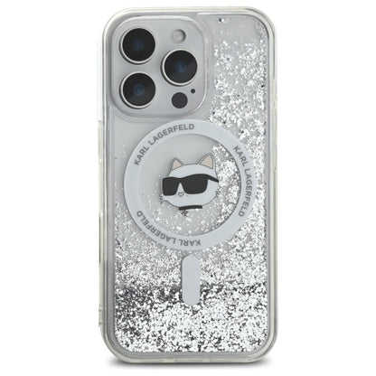 Husa MagSafe za Apple iPhone 16 Pro, Karl Lagerfeld, Liquid Glitter Choupette's Head, Transparentna