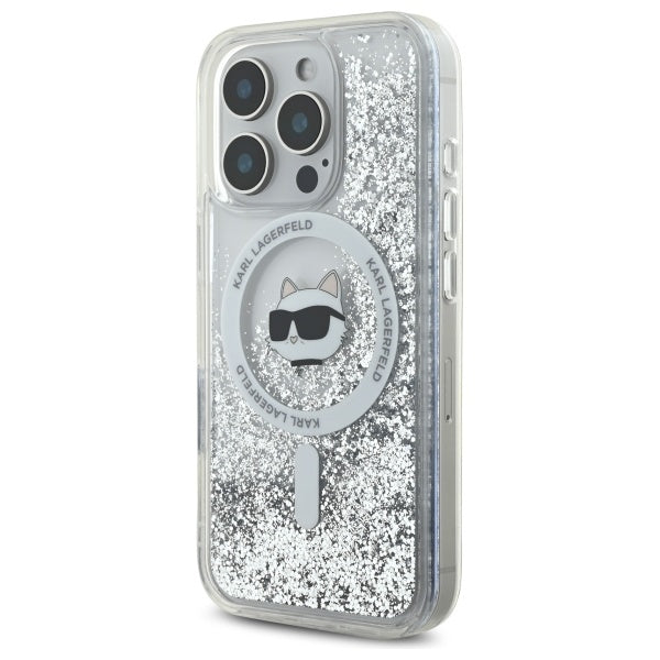 Husa MagSafe za Apple iPhone 16 Pro, Karl Lagerfeld, Liquid Glitter Choupette's Head, Transparentna