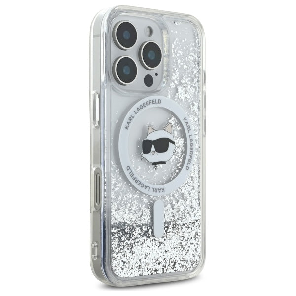 Husa MagSafe za Apple iPhone 16 Pro, Karl Lagerfeld, Liquid Glitter Choupette's Head, Transparentna