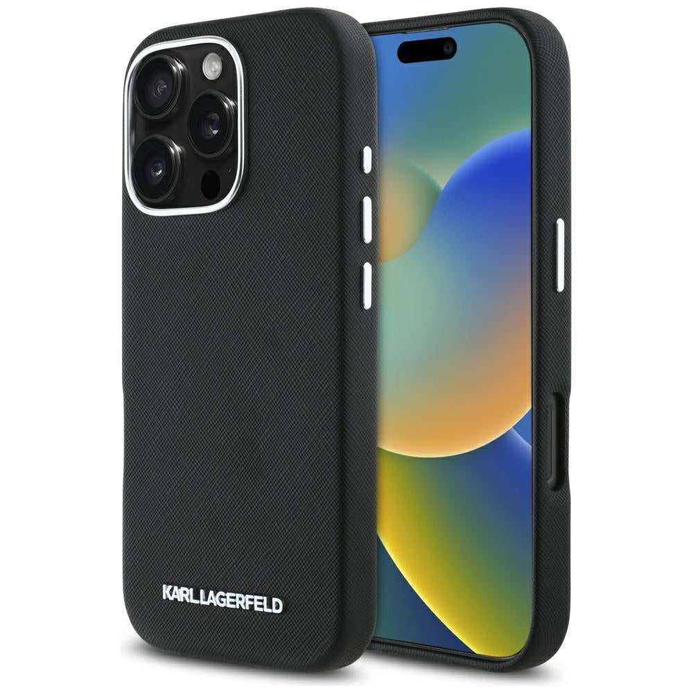 Futrola MagSafe za Apple iPhone 16 Pro, Karl Lagerfeld, Saffiano Full Wrapped Elongated Metal Logo, Crna
