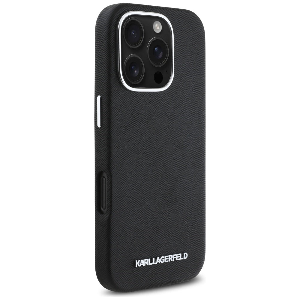 Futrola MagSafe za Apple iPhone 16 Pro, Karl Lagerfeld, Saffiano Full Wrapped Elongated Metal Logo, Crna