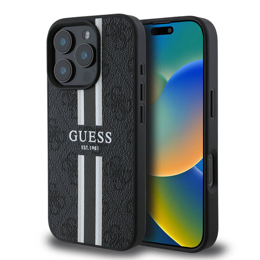 Futrola MagSafe za Apple iPhone 16 Pro Max, Guess, 4G Printed Stripes, Crna