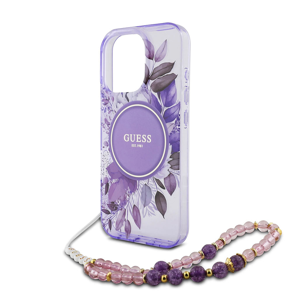 Husa MagSafe za Apple iPhone 16 Pro Max, Guess, IML Flowers with Pearl Strap, Ljubičasta