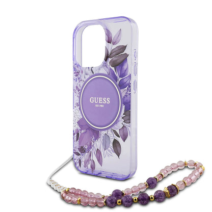 Husa MagSafe za Apple iPhone 16 Pro Max, Guess, IML Flowers with Pearl Strap, Ljubičasta
