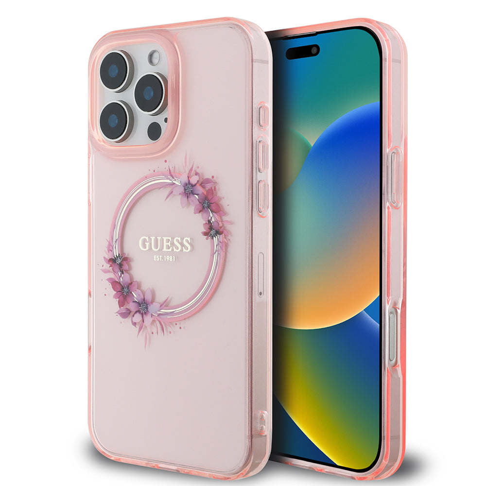 Futrola MagSafe za Apple iPhone 16 Pro Max, Guess, IML Flowers Wreath, Roze
