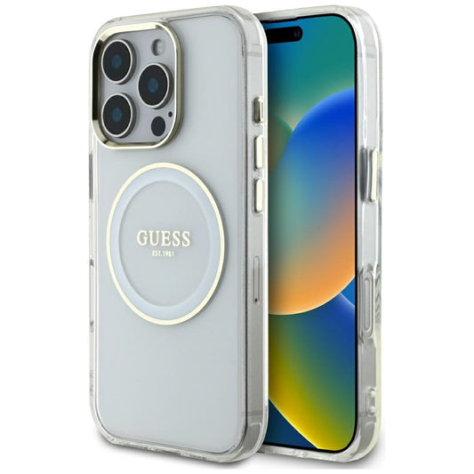 Husa MagSafe za Apple iPhone 16 Pro Max, Guess, IML Metal Colored Circle, Bela