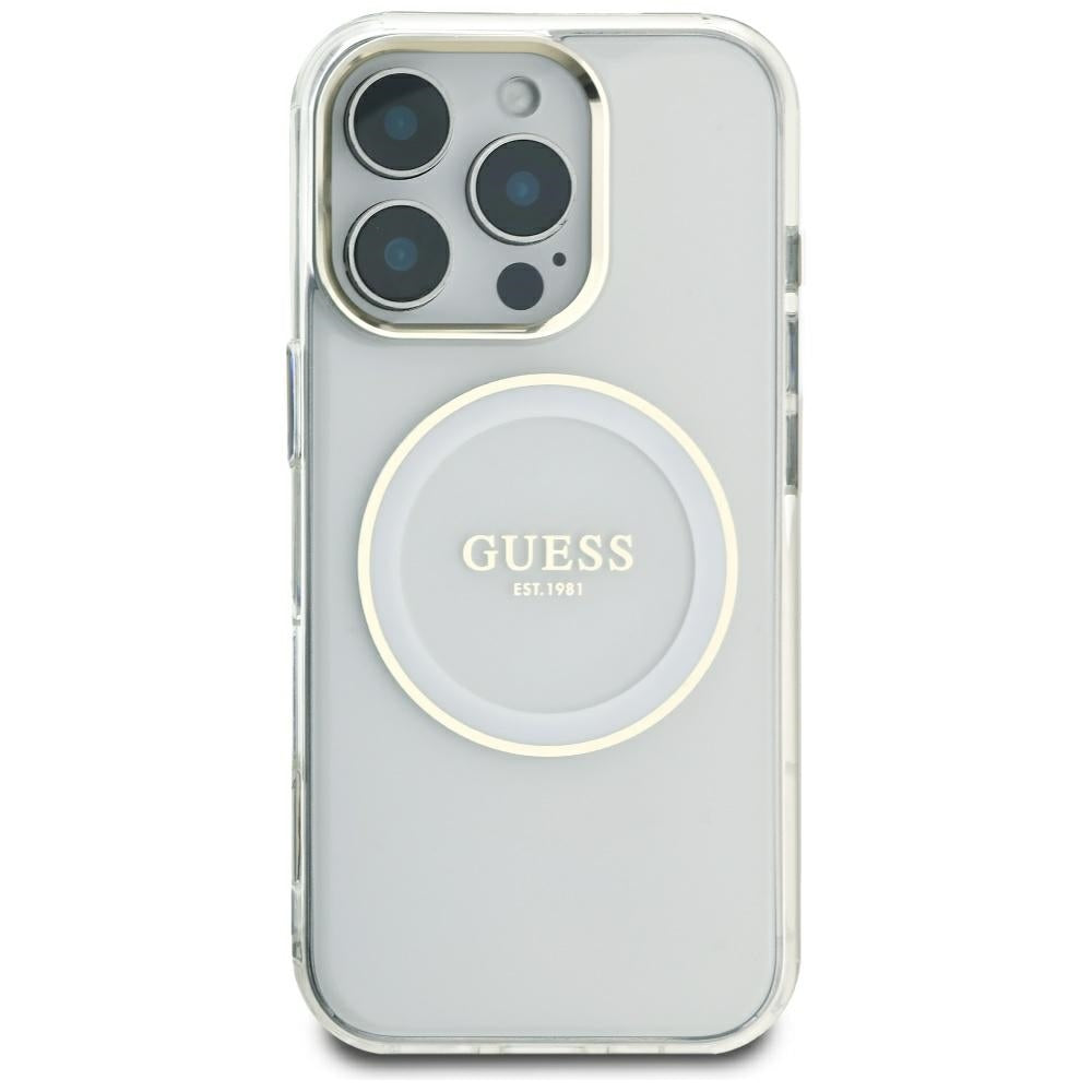 Husa MagSafe za Apple iPhone 16 Pro Max, Guess, IML Metal Colored Circle, Bela