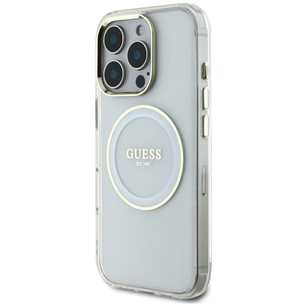 Husa MagSafe za Apple iPhone 16 Pro Max, Guess, IML Metal Colored Circle, Bela