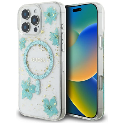Futrola MagSafe za Apple iPhone 16 Pro Max, Guess, Resin Flowers and Glitter, Tirkiz