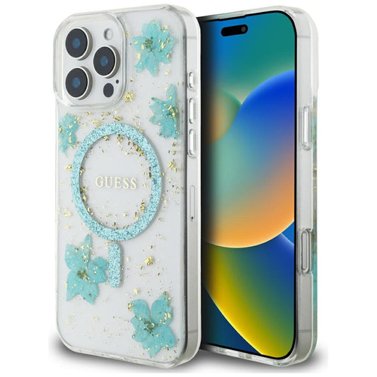 Futrola MagSafe za Apple iPhone 16 Pro Max, Guess, Resin Flowers and Glitter, Tirkiz