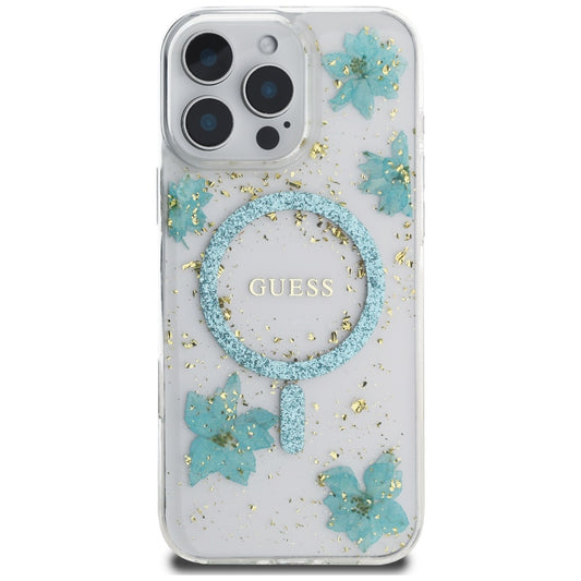 Futrola MagSafe za Apple iPhone 16 Pro Max, Guess, Resin Flowers and Glitter, Tirkiz