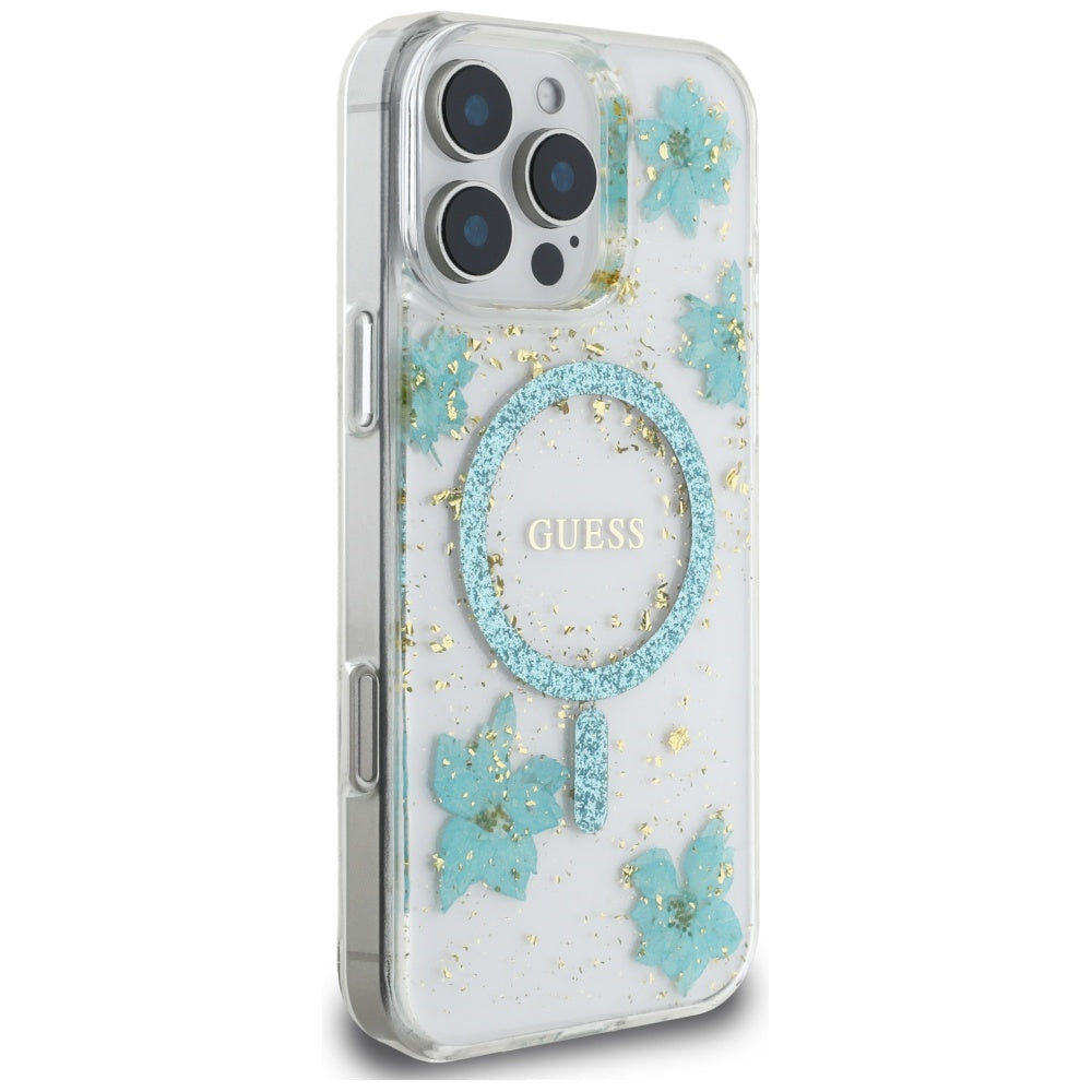 Futrola MagSafe za Apple iPhone 16 Pro Max, Guess, Resin Flowers and Glitter, Tirkiz