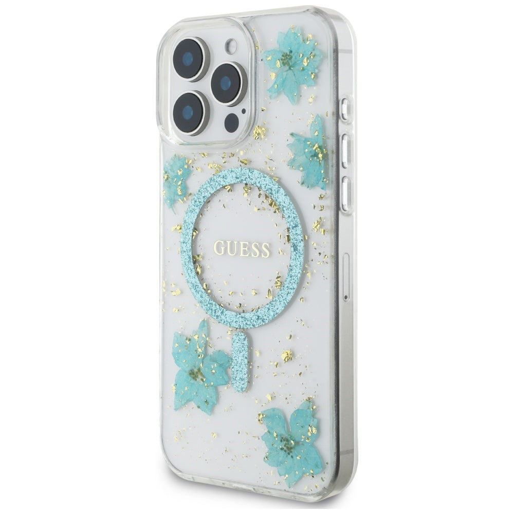 Futrola MagSafe za Apple iPhone 16 Pro Max, Guess, Resin Flowers and Glitter, Tirkiz