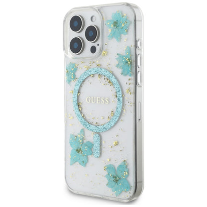 Futrola MagSafe za Apple iPhone 16 Pro Max, Guess, Resin Flowers and Glitter, Tirkiz