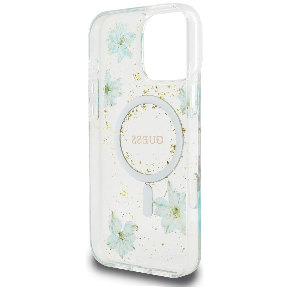 Futrola MagSafe za Apple iPhone 16 Pro Max, Guess, Resin Flowers and Glitter, Tirkiz