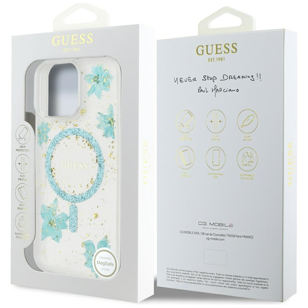 Futrola MagSafe za Apple iPhone 16 Pro Max, Guess, Resin Flowers and Glitter, Tirkiz
