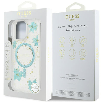 Futrola MagSafe za Apple iPhone 16 Pro Max, Guess, Resin Flowers and Glitter, Tirkiz