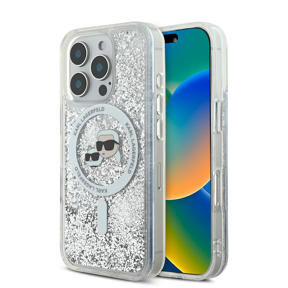 Futrola MagSafe za Apple iPhone 16 Pro Max, Karl Lagerfeld, Liquid Glitter Karl & Choupette's Heads, Transparentna