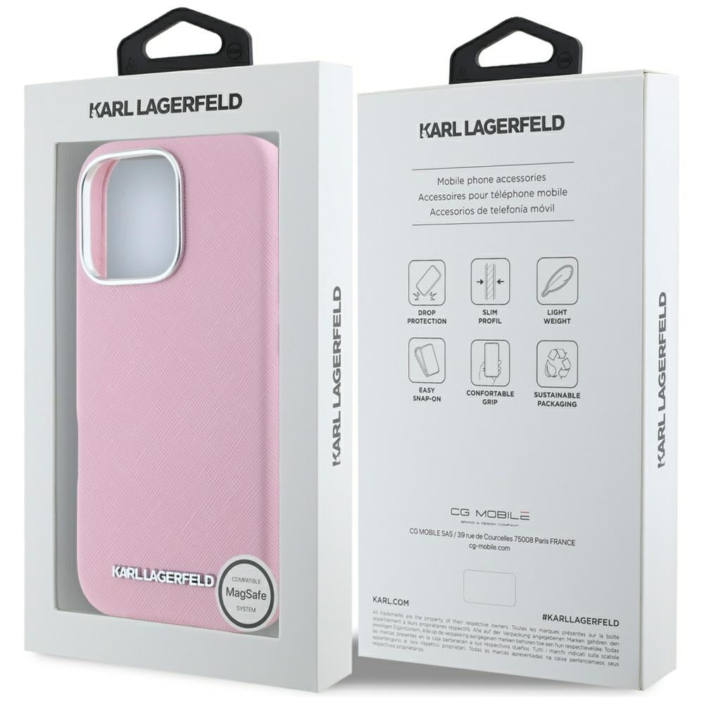 Futrola MagSafe za Apple iPhone 16 Pro Max, Karl Lagerfeld, Saffiano Full Wrapped Elongated Metal Logo, Roze