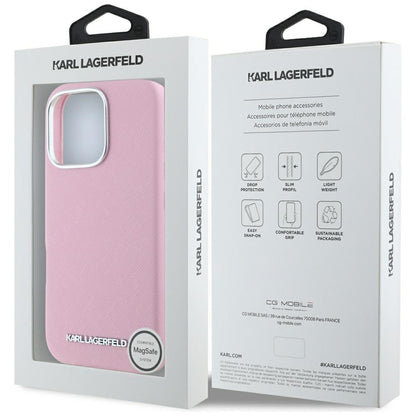 Futrola MagSafe za Apple iPhone 16 Pro Max, Karl Lagerfeld, Saffiano Full Wrapped Elongated Metal Logo, Roze