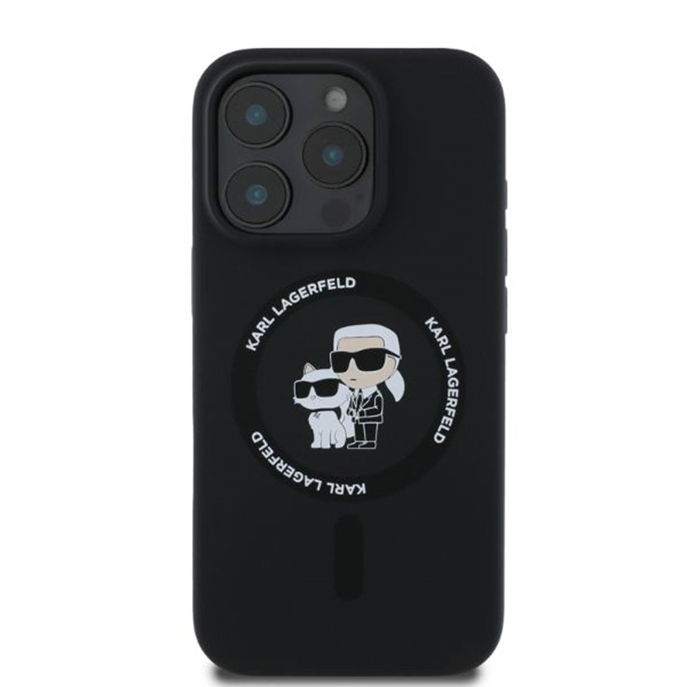 Husa MagSafe za Apple iPhone 16 Pro Max, Karl Lagerfeld, Silikonski prsten Karl & Choupette, Crna