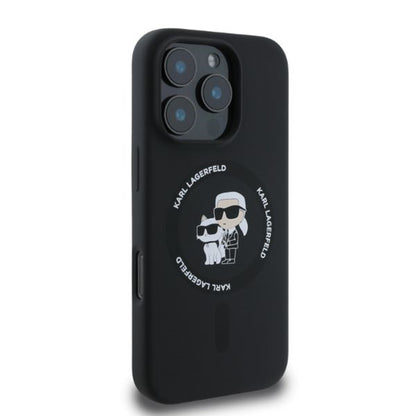 Husa MagSafe za Apple iPhone 16 Pro Max, Karl Lagerfeld, Silikonski prsten Karl & Choupette, Crna