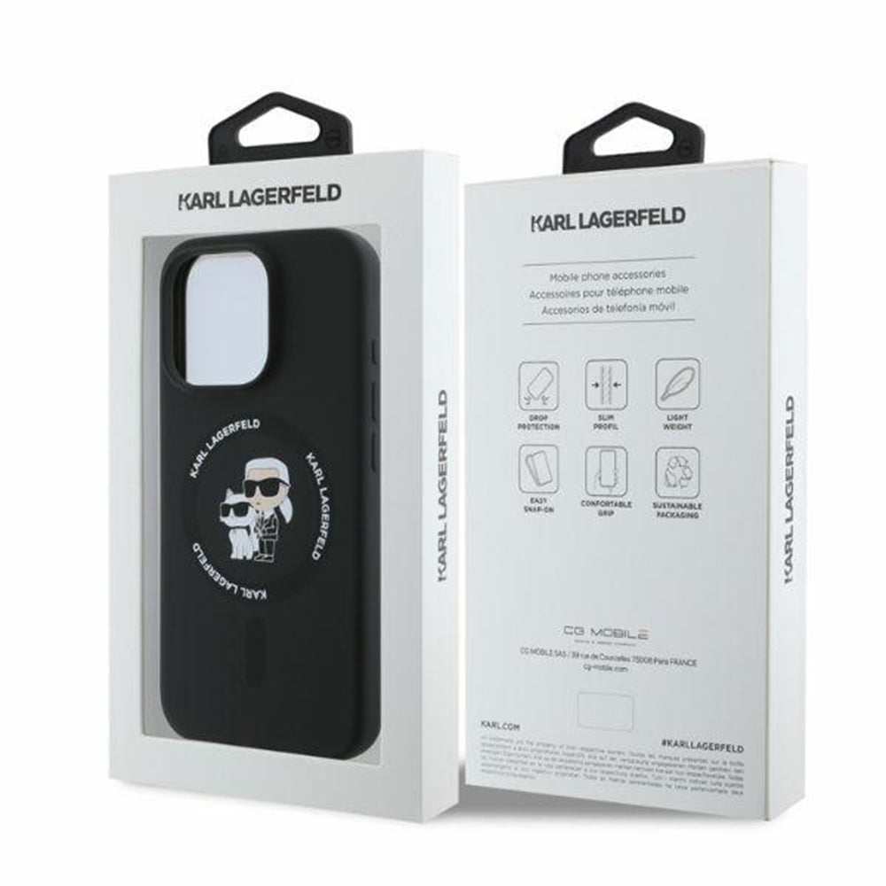 Husa MagSafe za Apple iPhone 16 Pro Max, Karl Lagerfeld, Silikonski prsten Karl & Choupette, Crna