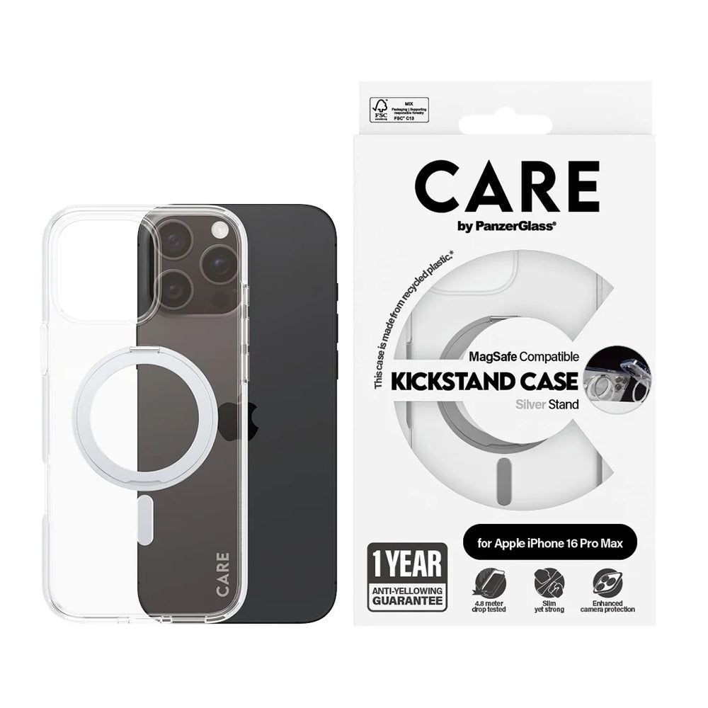 Futrola MagSafe za Apple iPhone 16 Pro Max, PanzerGlass, Care Feature Kickstand, Srebrno Transparentna