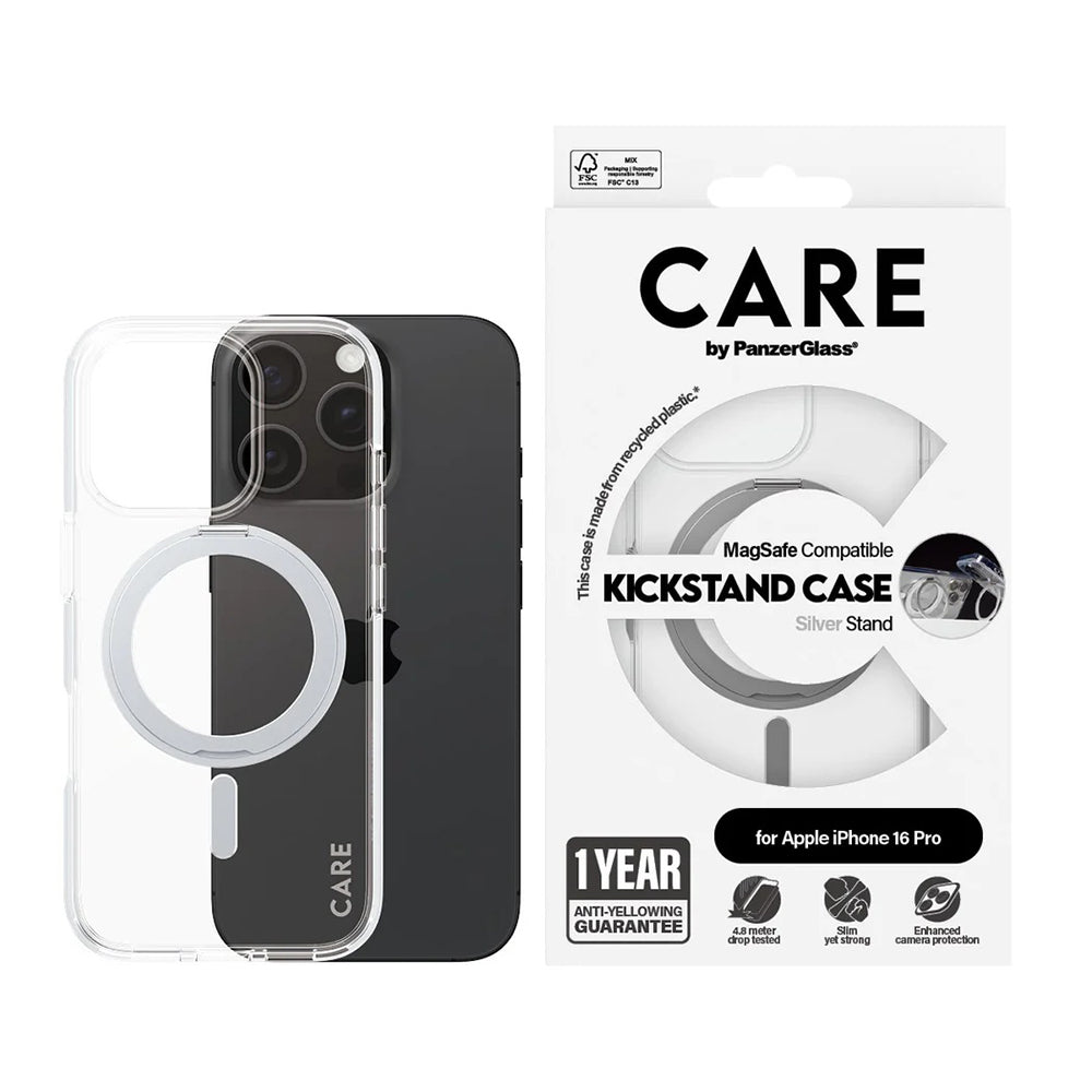 Futrola MagSafe za Apple iPhone 16 Pro, PanzerGlass, Care Feature Kickstand, Srebrno Transparentna