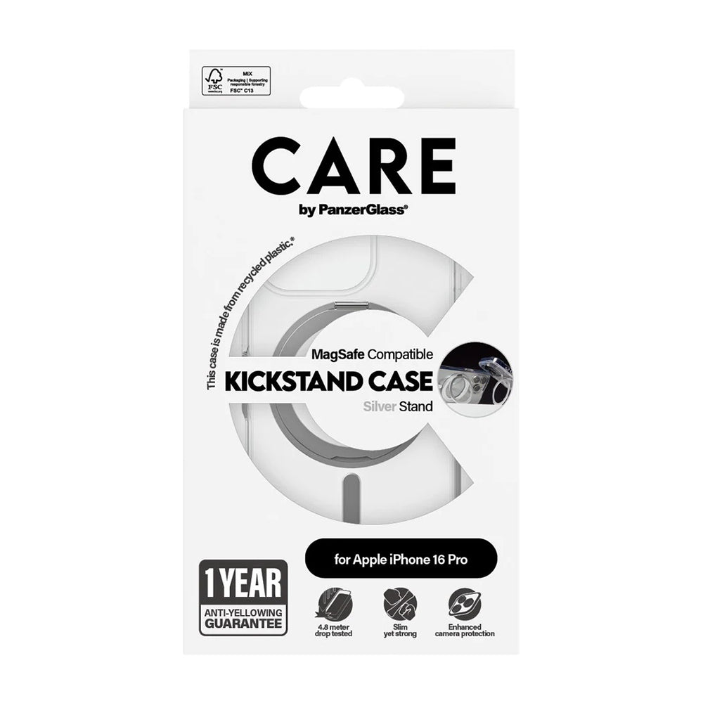 Futrola MagSafe za Apple iPhone 16 Pro, PanzerGlass, Care Feature Kickstand, Srebrno Transparentna