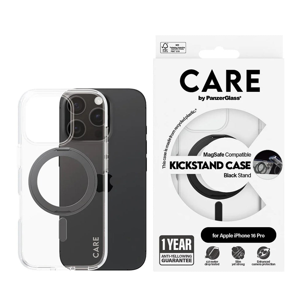 Futrola MagSafe za Apple iPhone 16 Pro, PanzerGlass, Care Feature Kickstand, Crna Transparentna