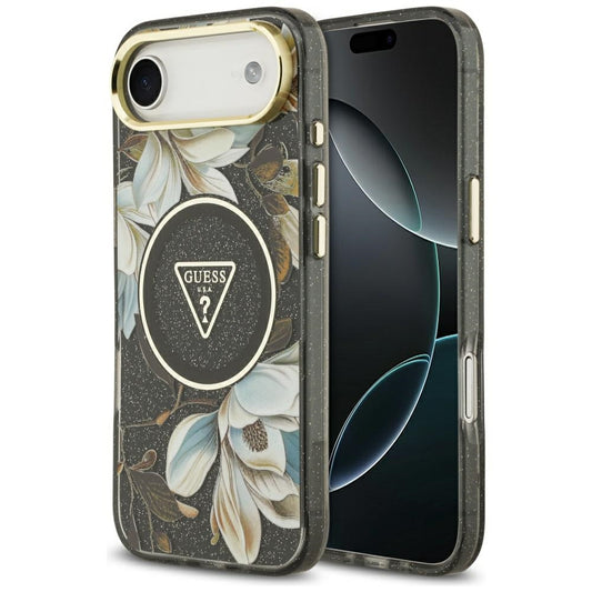 Futrola MagSafe za Apple iPhone 17 Air, Guess, IML Metal Glitter Flowers Triangle, Crna