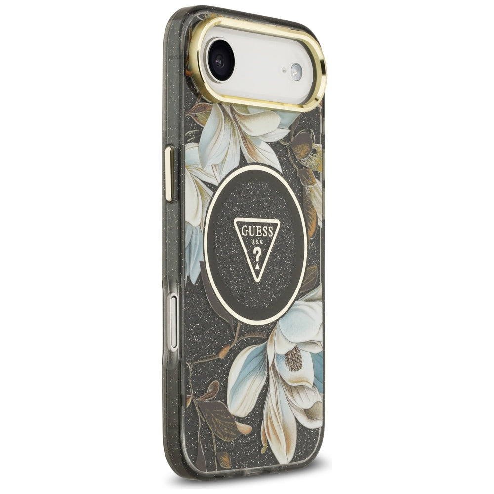 Futrola MagSafe za Apple iPhone 17 Air, Guess, IML Metal Glitter Flowers Triangle, Crna