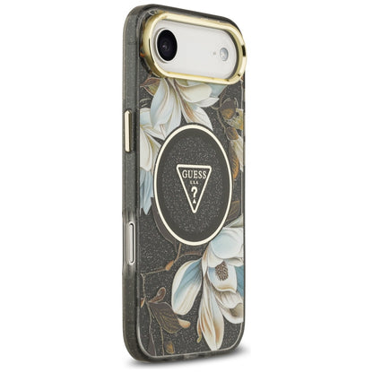 Futrola MagSafe za Apple iPhone 17 Air, Guess, IML Metal Glitter Flowers Triangle, Crna