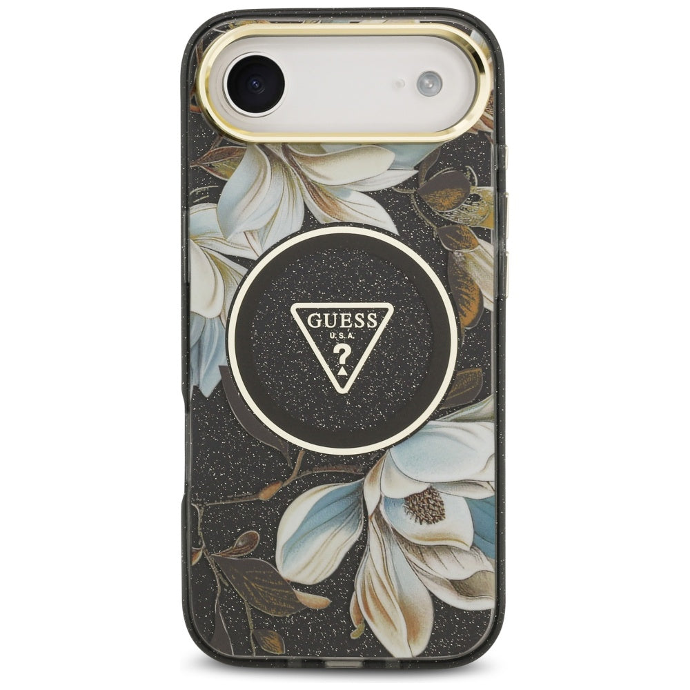 Futrola MagSafe za Apple iPhone 17 Air, Guess, IML Metal Glitter Flowers Triangle, Crna