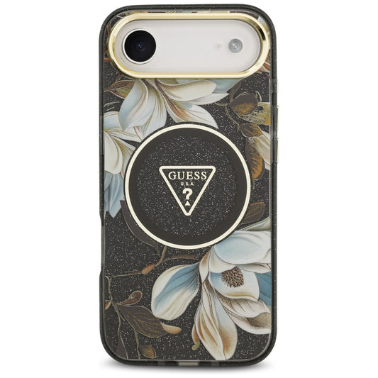 Futrola MagSafe za Apple iPhone 17 Air, Guess, IML Metal Glitter Flowers Triangle, Crna