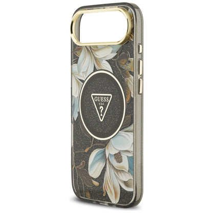 Futrola MagSafe za Apple iPhone 17 Air, Guess, IML Metal Glitter Flowers Triangle, Crna