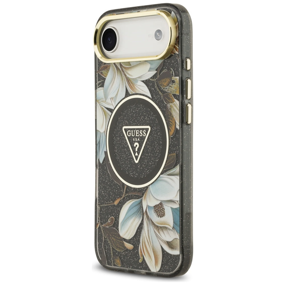Futrola MagSafe za Apple iPhone 17 Air, Guess, IML Metal Glitter Flowers Triangle, Crna