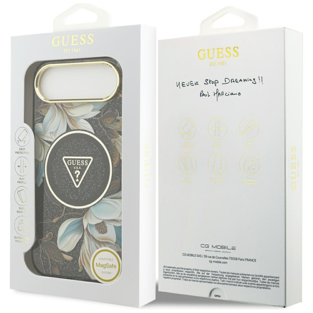 Futrola MagSafe za Apple iPhone 17 Air, Guess, IML Metal Glitter Flowers Triangle, Crna