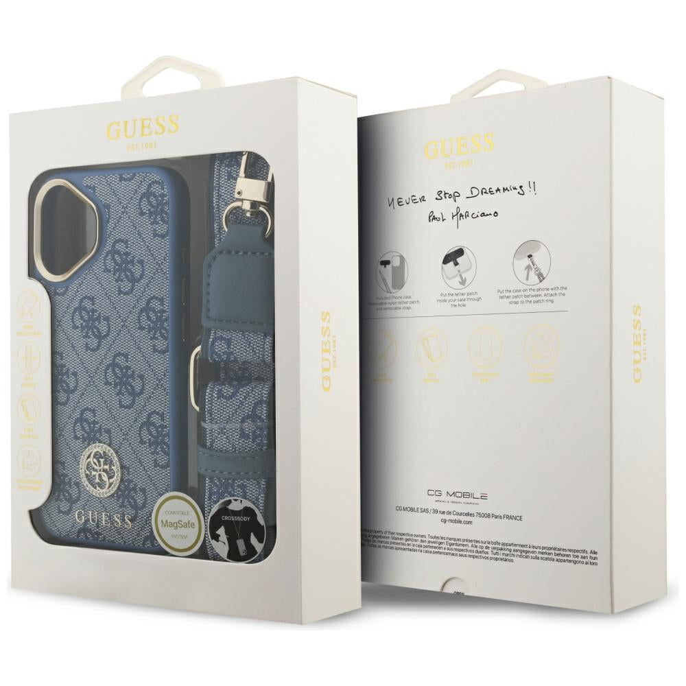Husa MagSafe za Apple iPhone 17, Guess, 4G Strass Logo with Big Strap, Plava